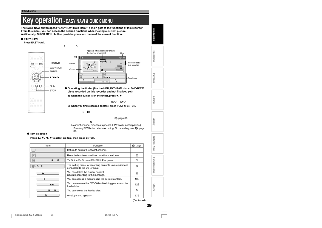 Toshiba RD-XS54SU owner manual Operating the finder For the HDD, DVD-RAM discs, DVD-R/RW, Item selection 