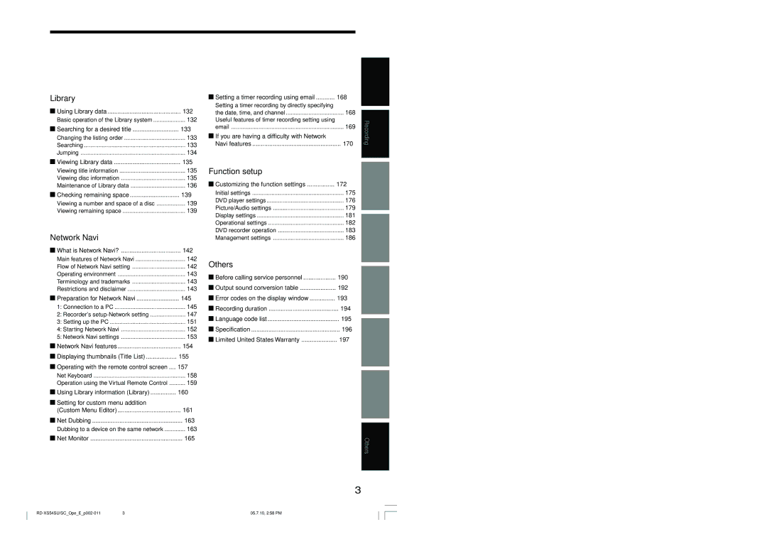 Toshiba RD-XS54SU owner manual Library, Network Navi, Function setup, Others 