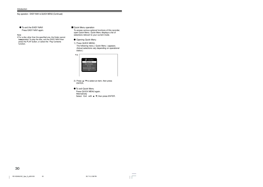 Toshiba RD-XS54SU owner manual Opening Quick Menu, To exit Quick Menu 