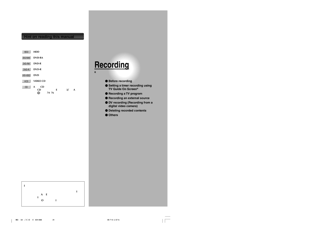 Toshiba RD-XS54SU owner manual Recording 