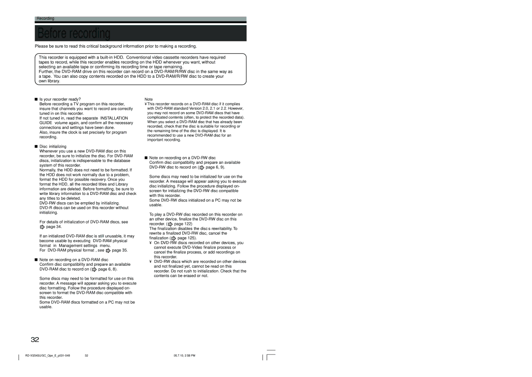 Toshiba RD-XS54SU owner manual Before recording, Recording, Is your recorder ready?, Disc initializing 