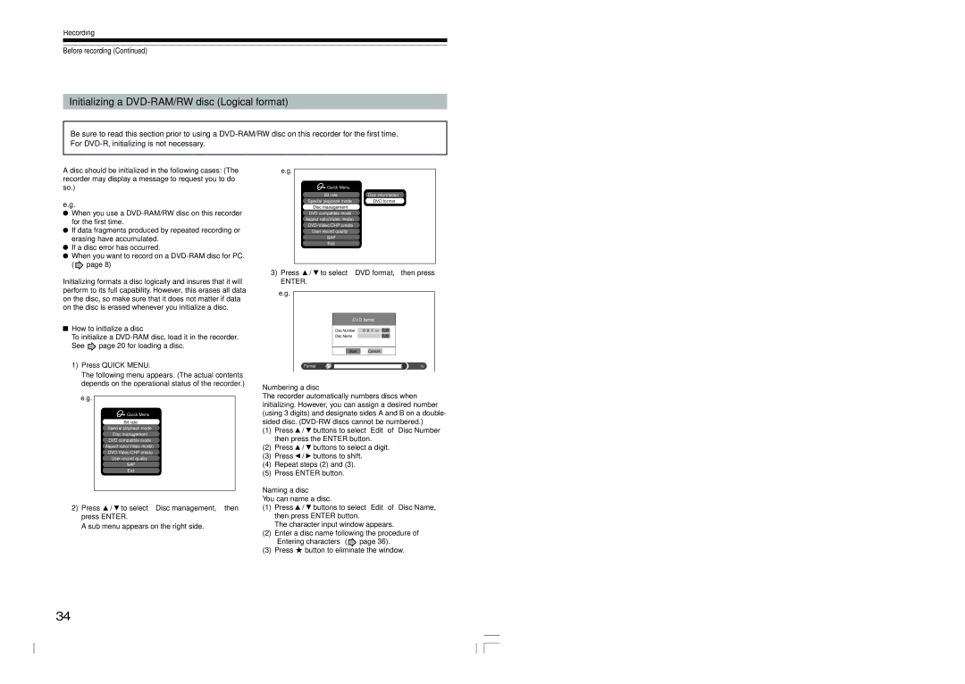 Toshiba RD-XS54SU owner manual Initializing a DVD-RAM/RW disc Logical format, Recording Before recording 