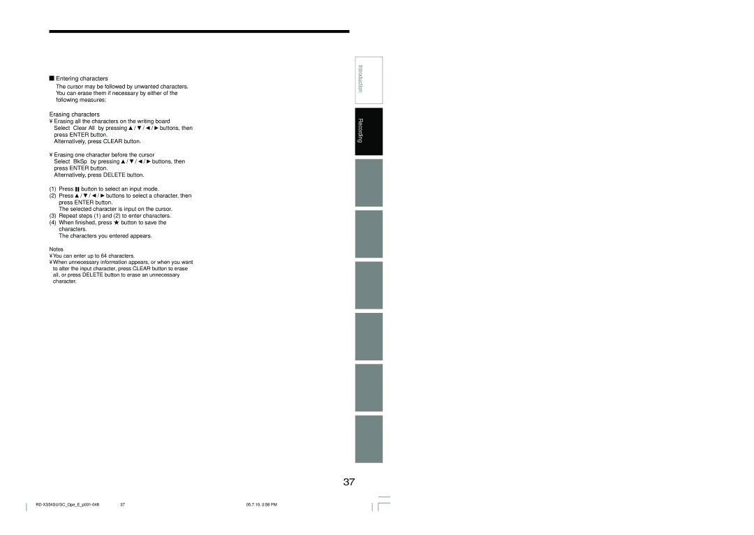 Toshiba RD-XS54SU owner manual Entering characters, Erasing characters 