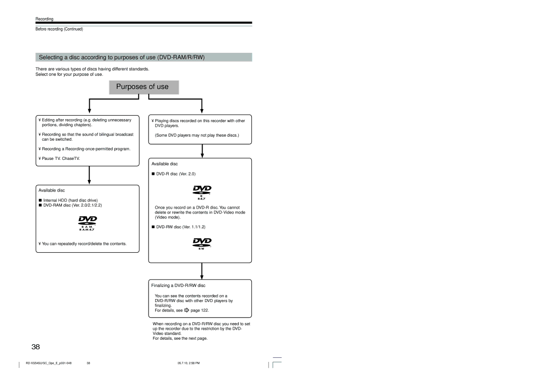 Toshiba RD-XS54SU Selecting a disc according to purposes of use DVD-RAM/R/RW, Available disc, Finalizing a DVD-R/RW disc 
