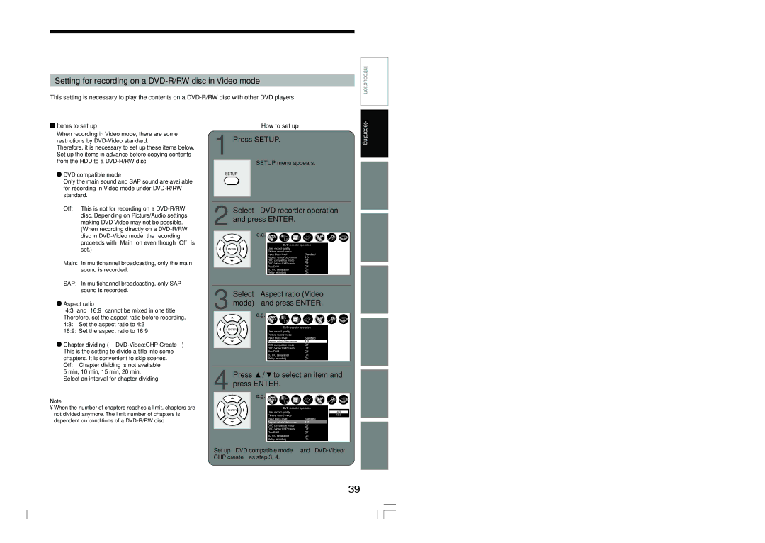 Toshiba RD-XS54SU owner manual Setting for recording on a DVD-R/RW disc in Video mode, Press Setup 