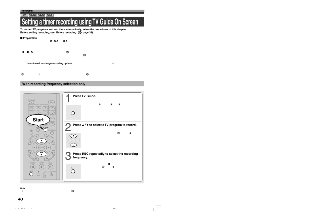 Toshiba RD-XS54SU With recording frequency selection only, Press TV Guide, To select a TV program to record, Frequency 