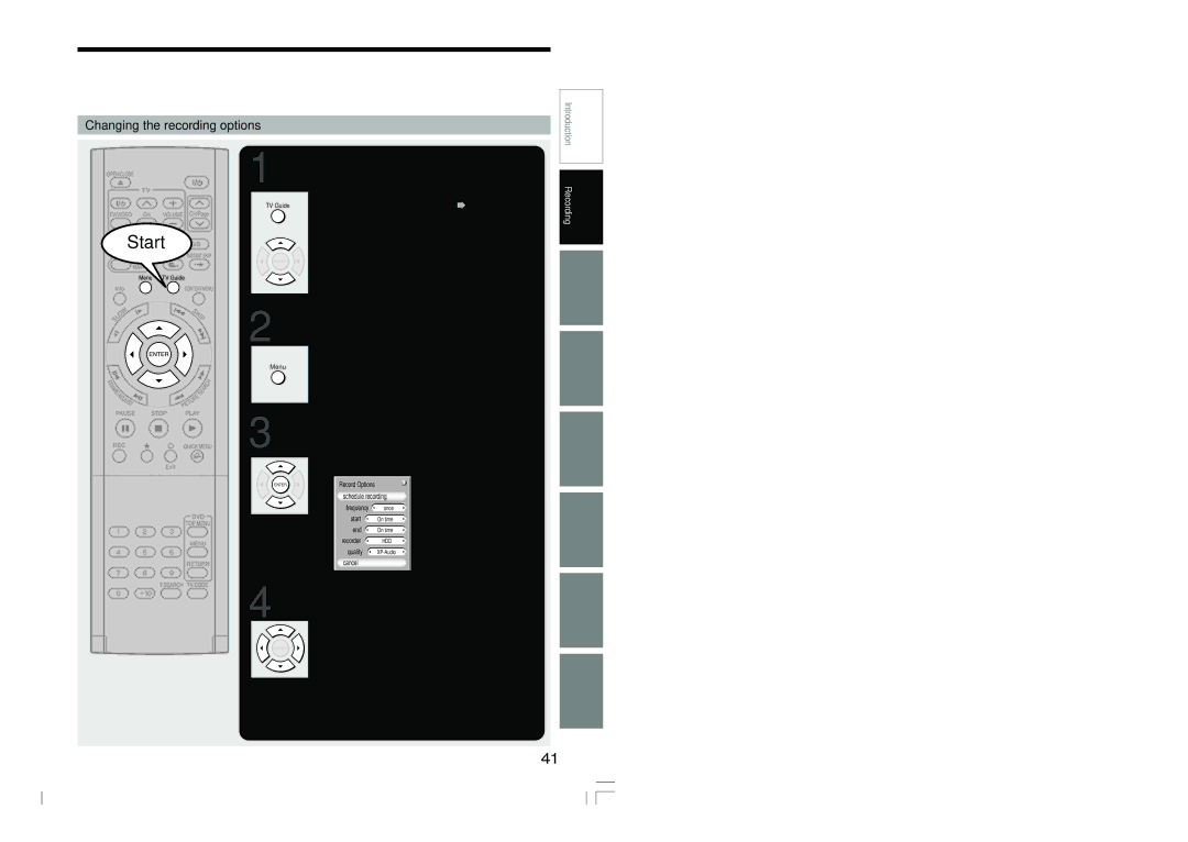 Toshiba RD-XS54SU Changing the recording options, Press TV Guide, then press To select a TV Program to record, Press Menu 