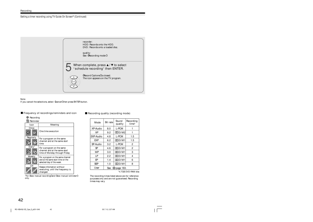 Toshiba RD-XS54SU owner manual Frequency of recordings/reminders and icon, Recording quality recording mode 