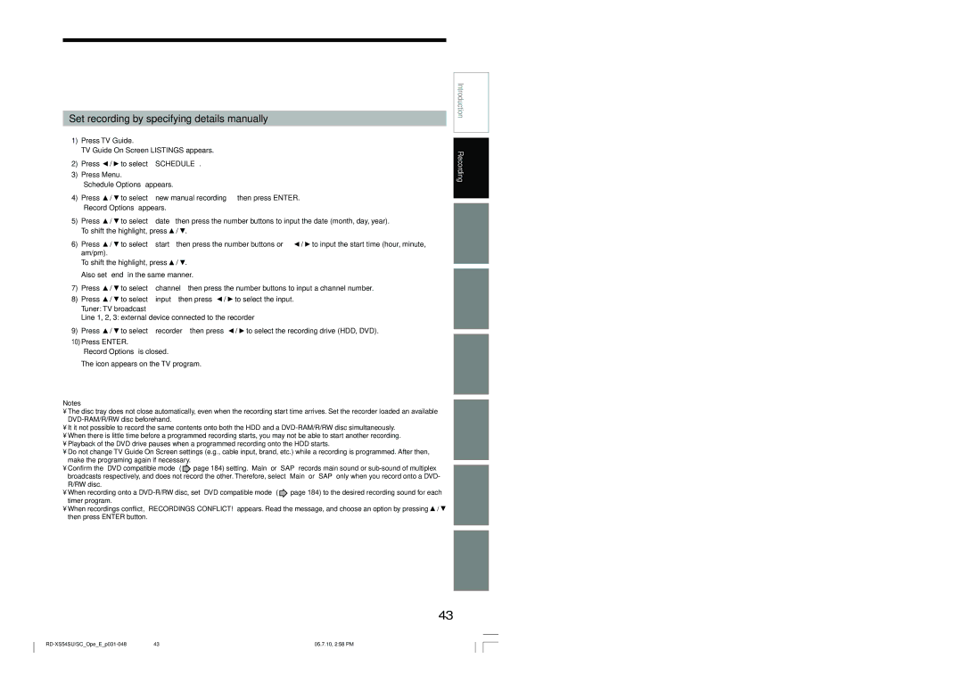 Toshiba RD-XS54SU owner manual Set recording by specifying details manually, Am/pm To shift the highlight, press 