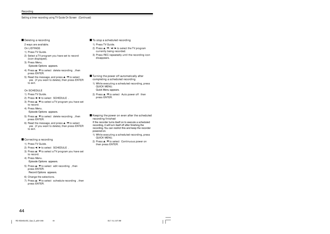 Toshiba RD-XS54SU owner manual To stop a scheduled recording, Correcting a recording 