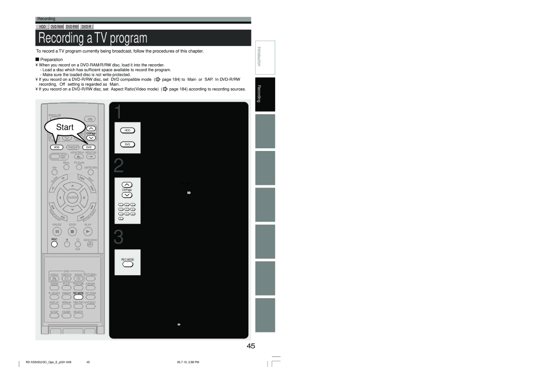 Toshiba RD-XS54SU Recording a TV program, Press HDD or DVD to select a media to record on, Select a channel to record 