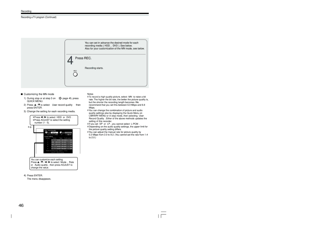 Toshiba RD-XS54SU owner manual Press REC, Recording Recording a TV program, Customizing the MN mode, Press Enter 