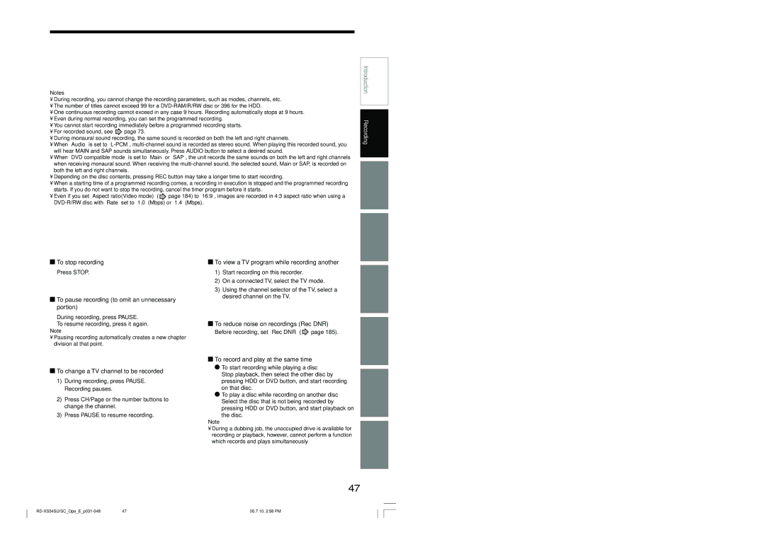 Toshiba RD-XS54SU owner manual To stop recording, To pause recording to omit an unnecessary portion 