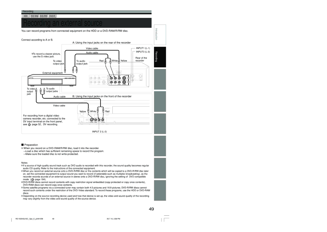 Toshiba RD-XS54SU owner manual Recording an external source, Jack 