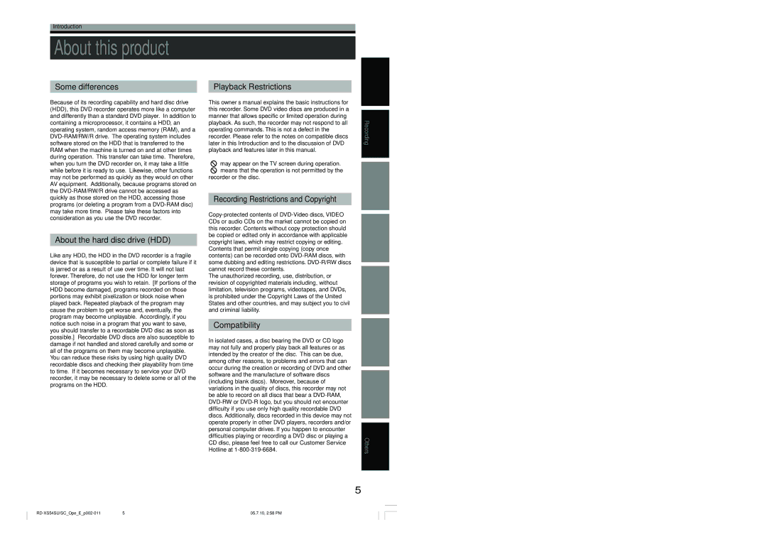 Toshiba RD-XS54SU owner manual About this product 