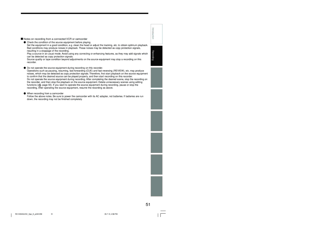 Toshiba RD-XS54SU owner manual Check the condition of the source equipment before playing, When recording from a camcorder 