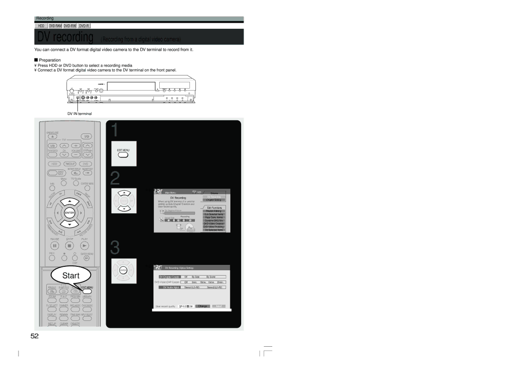 Toshiba RD-XS54SU owner manual Press Edit Menu, Press / to select DV Recording, Edit Menu Main Menu appears 