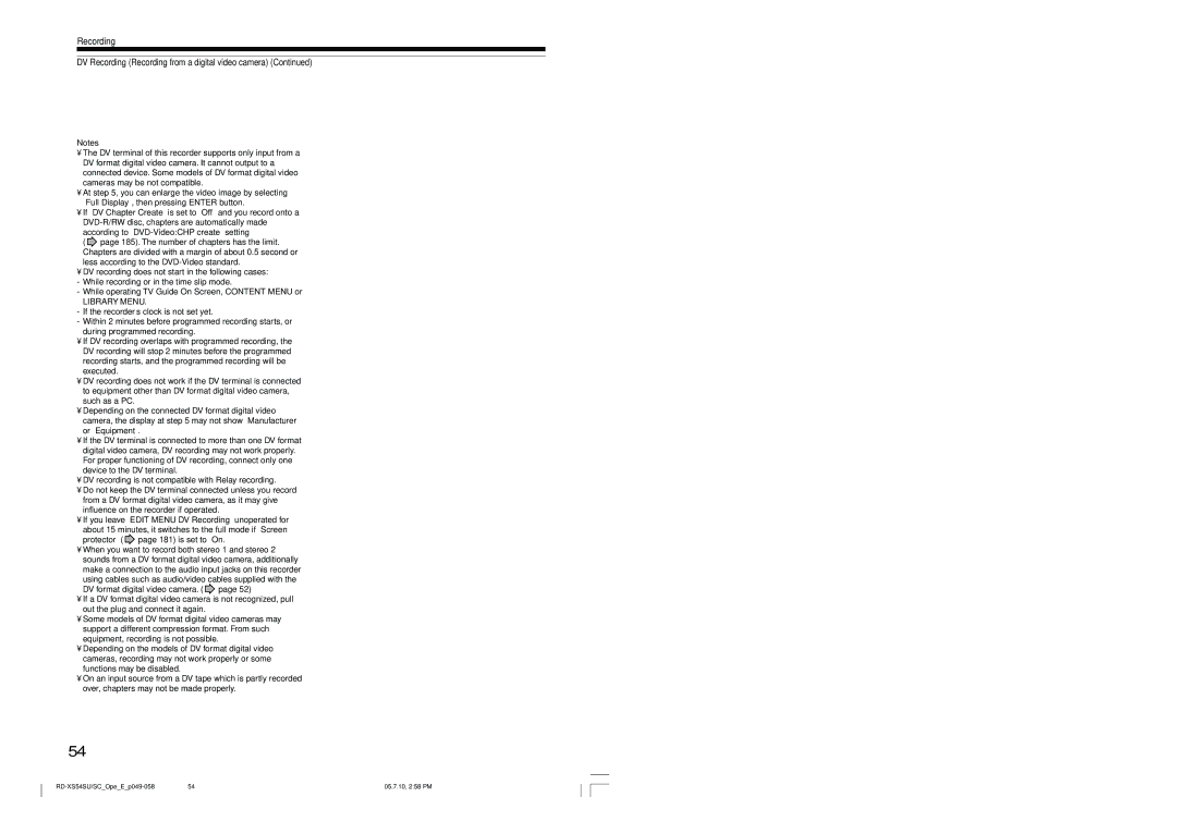 Toshiba RD-XS54SU owner manual Recording DV Recording Recording from a digital video camera 