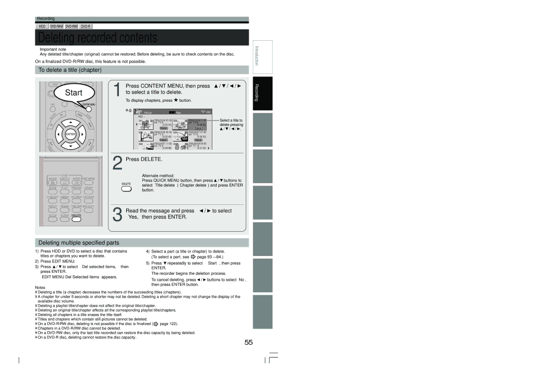 Toshiba RD-XS54SU owner manual Deleting recorded contents 