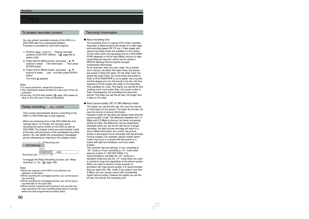 Toshiba RD-XS54SU owner manual Others, To protect recorded content, Technical Information, Relay recording HDD DVD-RAM 