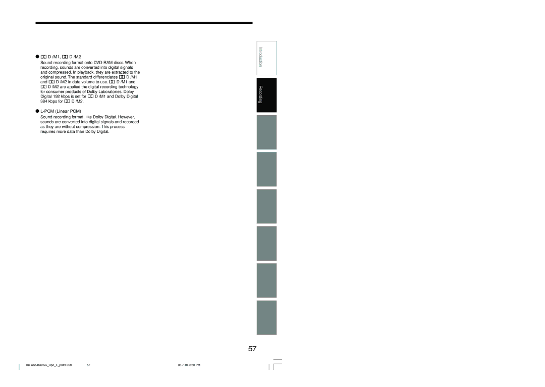 Toshiba RD-XS54SU owner manual M1, D /M2, PCM Linear PCM 