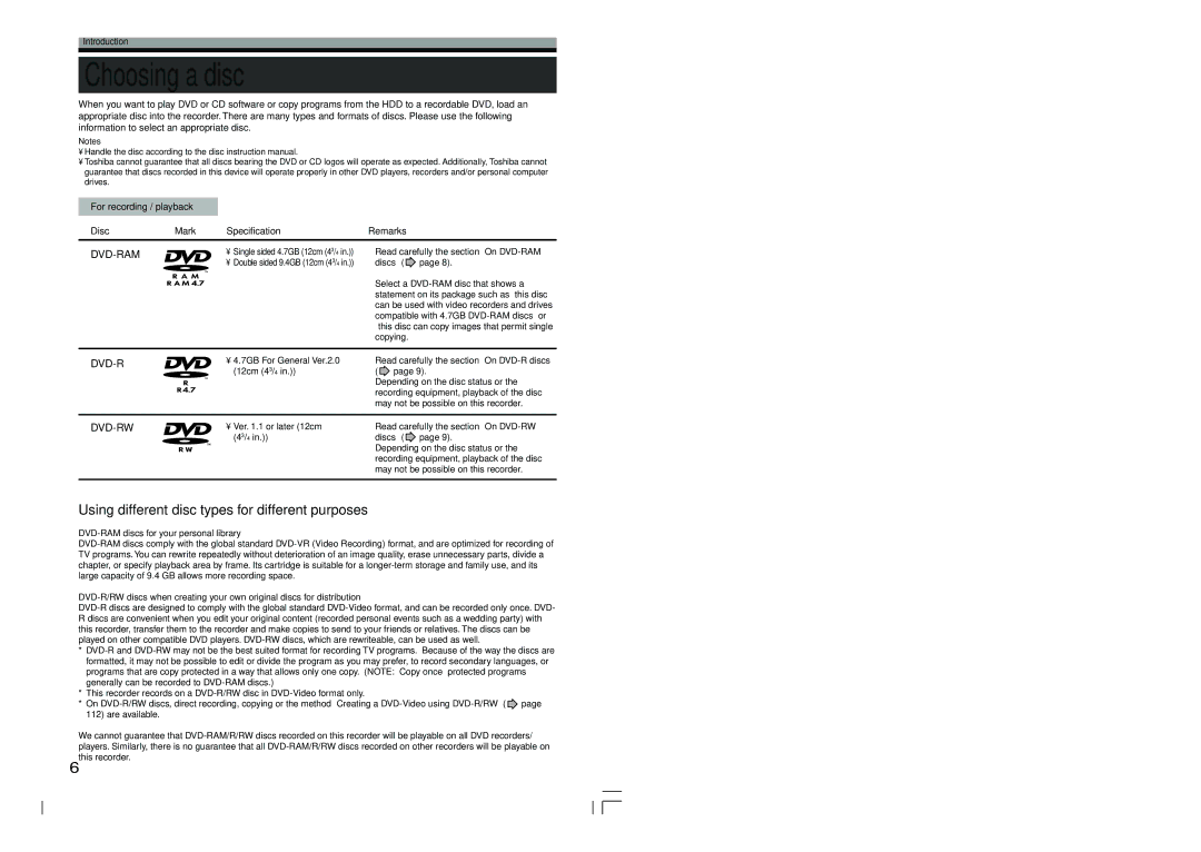 Toshiba RD-XS54SU owner manual Choosing a disc, For recording / playback Disc Mark Specification Remarks 