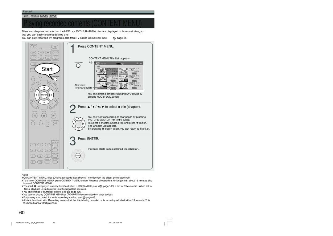 Toshiba RD-XS54SU owner manual Playing recorded contents Content Menu 