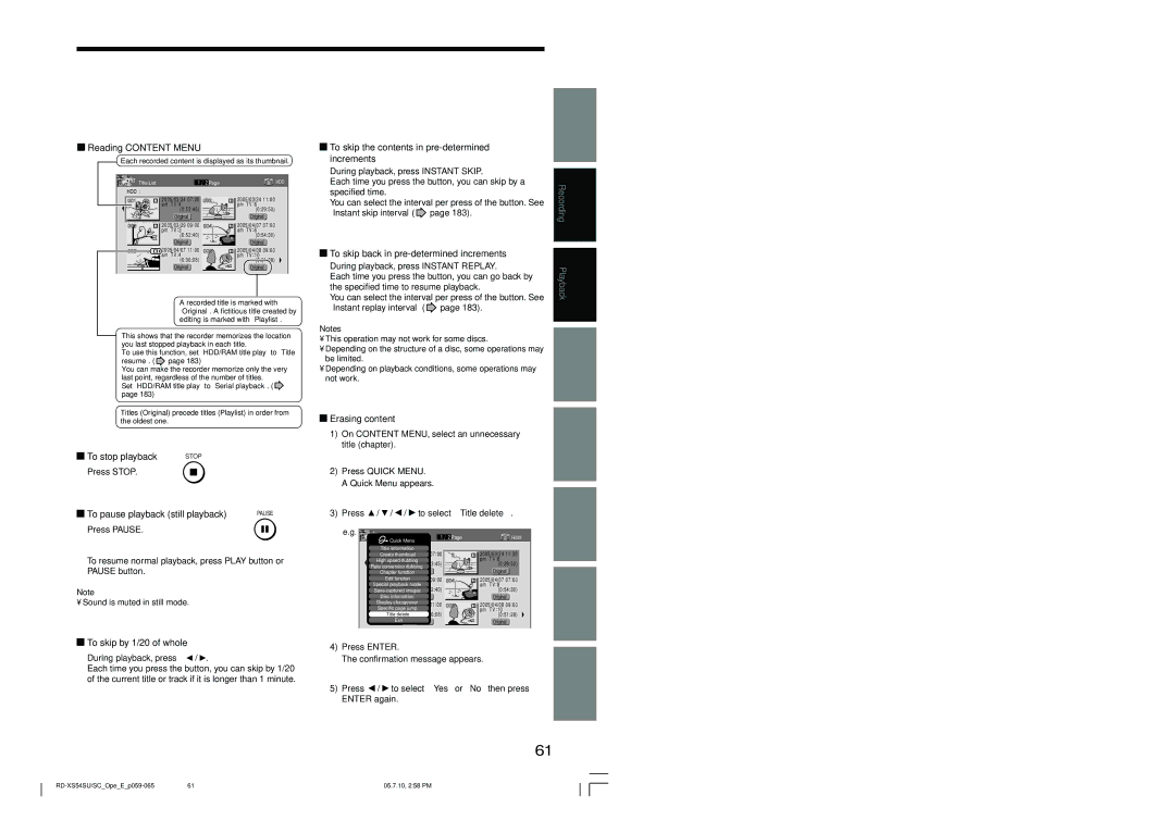 Toshiba RD-XS54SU Reading Content Menu, To stop playback, To pause playback still playback, To skip by 1/20 of whole 