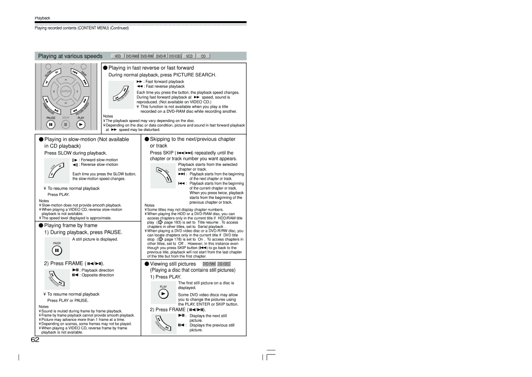 Toshiba RD-XS54SU owner manual Playing in fast reverse or fast forward, Playing in slow-motion Not available in CD playback 