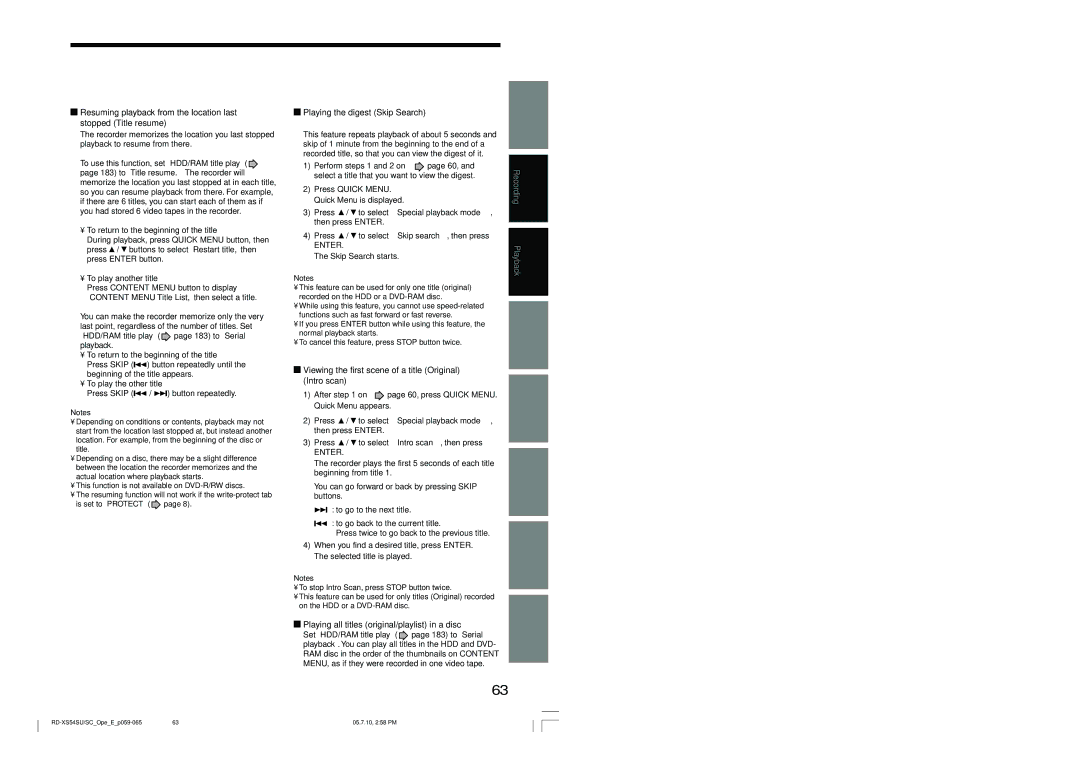 Toshiba RD-XS54SU owner manual Playing the digest Skip Search, Viewing the first scene of a title Original Intro scan 