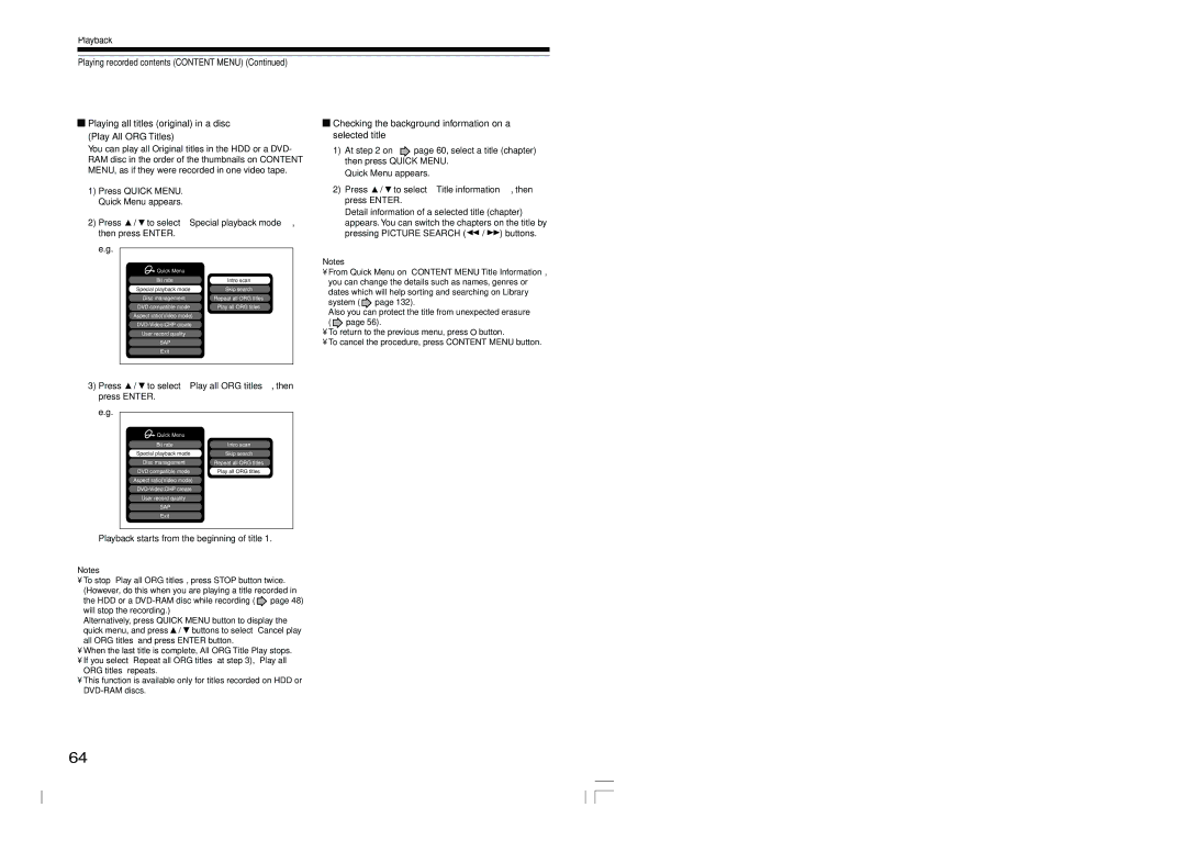 Toshiba RD-XS54SU owner manual Playing all titles original in a disc Play All ORG Titles 