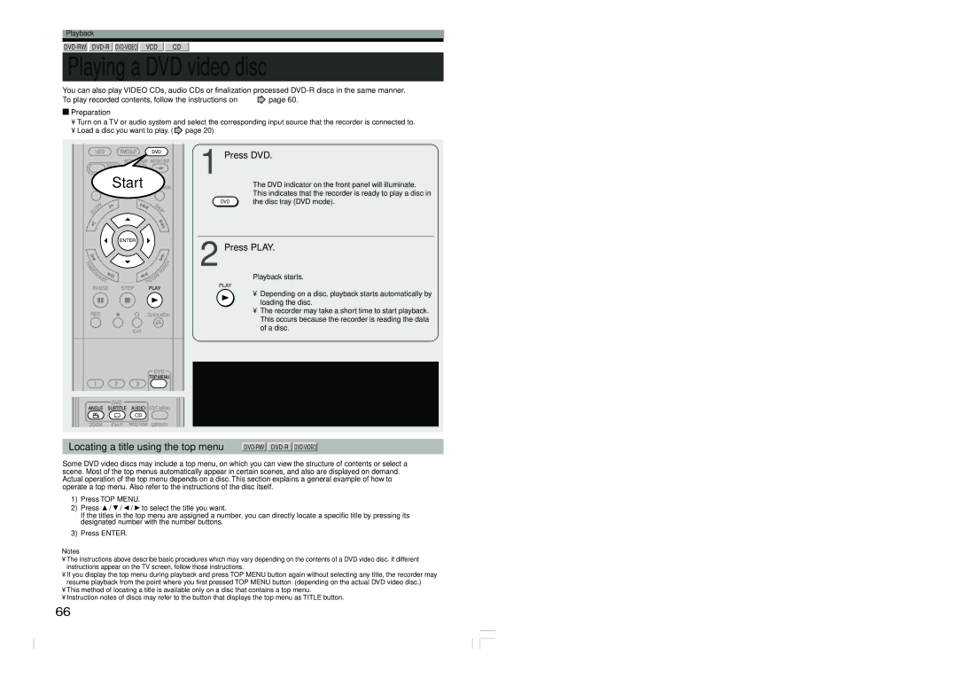 Toshiba RD-XS54SU Playing a DVD video disc, Locating a title using the top menu DVD-RWDVD-RDVD-VIDEO, Press DVD 