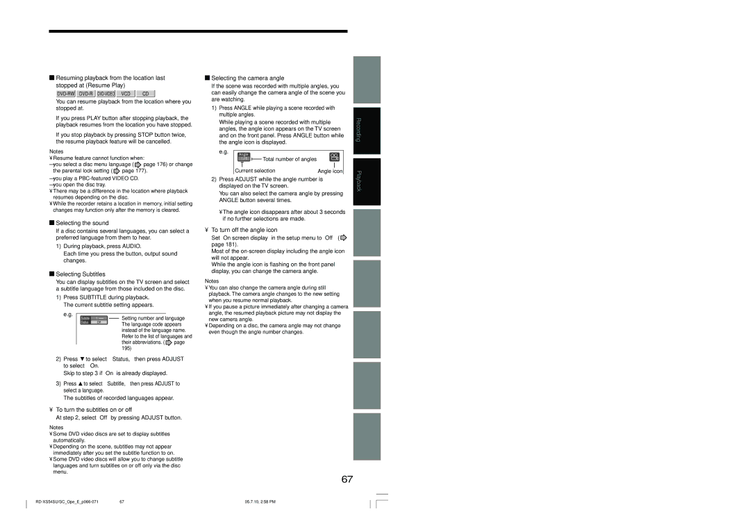 Toshiba RD-XS54SU Selecting the sound, Selecting Subtitles, To turn the subtitles on or off, Selecting the camera angle 