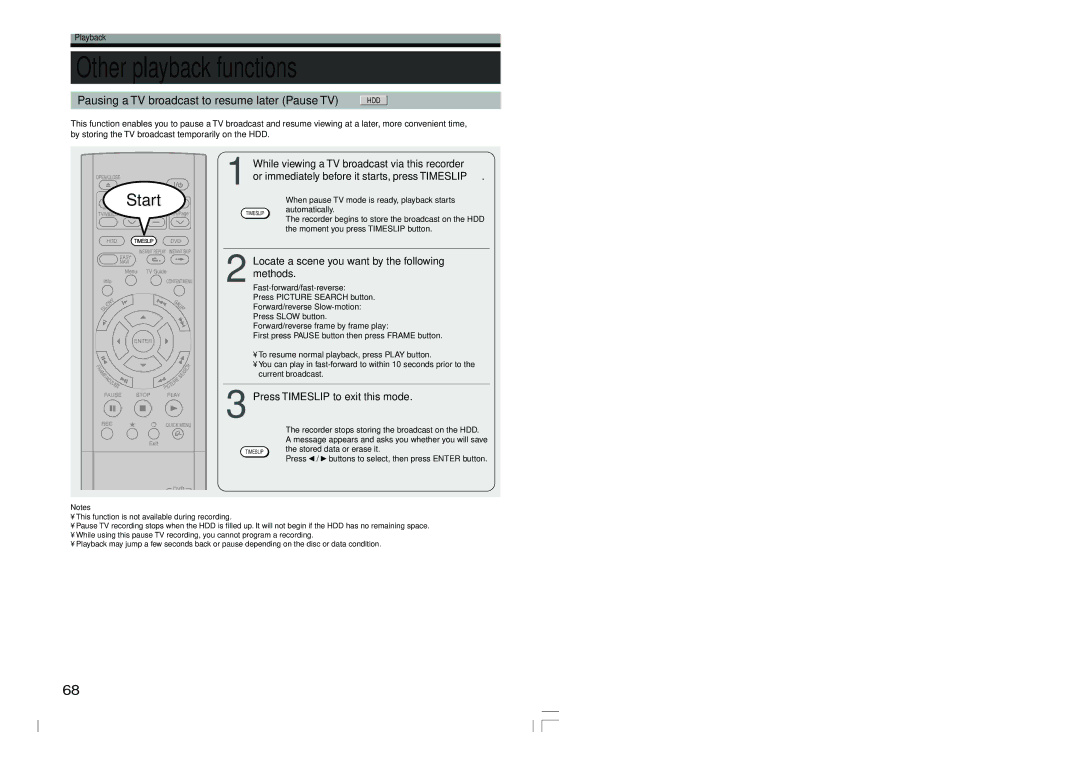 Toshiba RD-XS54SU owner manual Other playback functions, Pausing a TV broadcast to resume later Pause TV HDD, Methods 