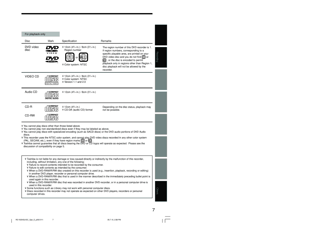 Toshiba RD-XS54SU owner manual For playback only Disc Mark Specification Remarks 