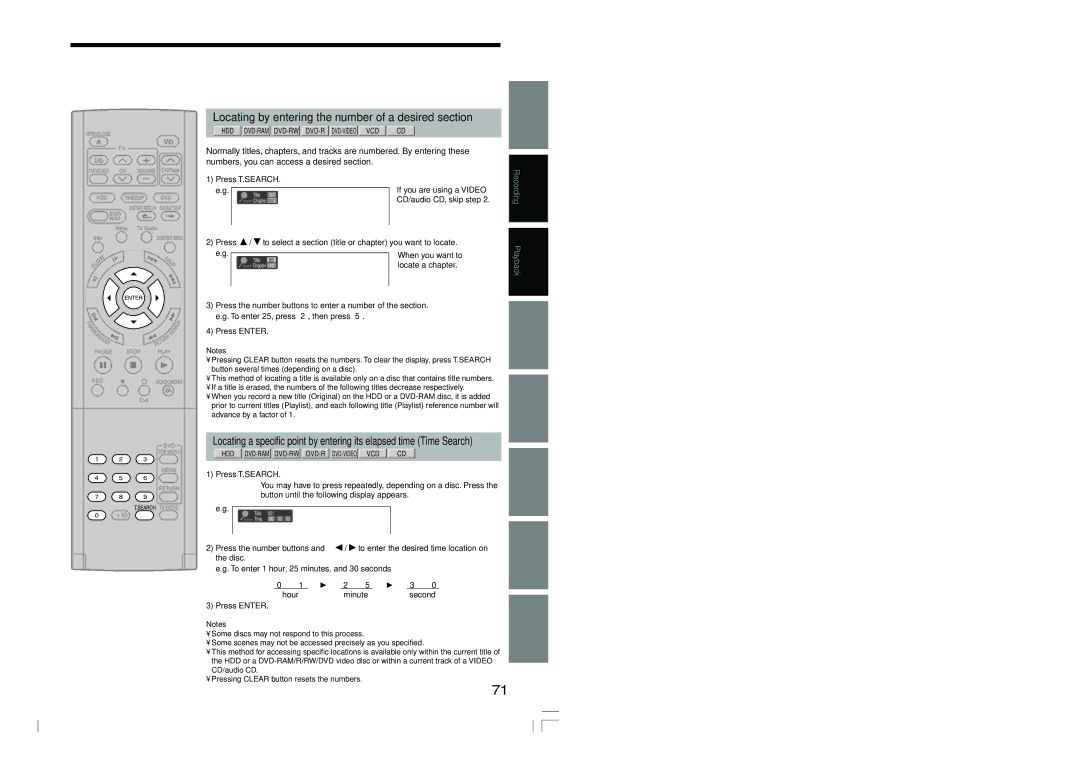 Toshiba RD-XS54SU owner manual Locating by entering the number of a desired section, Press T.SEARCH, To enter, Disc 