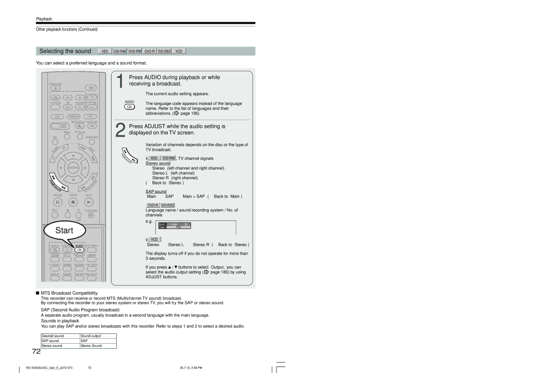 Toshiba RD-XS54SU owner manual Press Audio during playback or while receiving a broadcast, MTS Broadcast Compatibility 