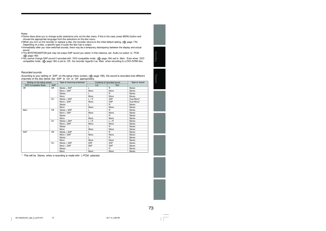 Toshiba RD-XS54SU owner manual Recorded sounds 