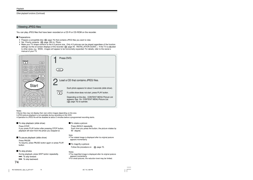 Toshiba RD-XS54SU owner manual Viewing Jpeg files, Load a CD that contains Jpeg files 