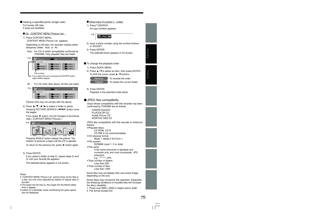 Toshiba RD-XS54SU Jpeg files compatibility, Viewing a specified photo single view, On Content Menu Picture List 