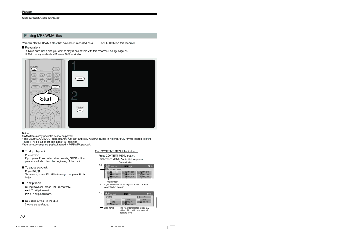 Toshiba RD-XS54SU owner manual Playing MP3/WMA files, Load a CD that contains MP3/WMA files 