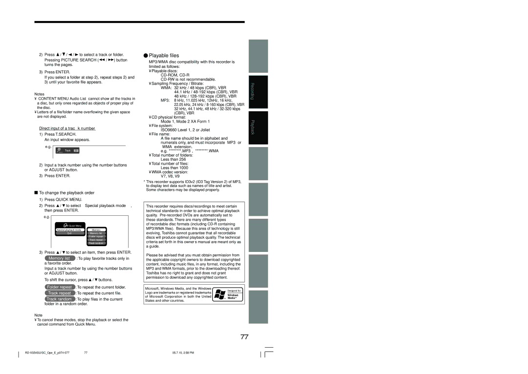 Toshiba RD-XS54SU Playable files, Press / / / to select a track or folder, Direct input of a track number Press T.SEARCH 