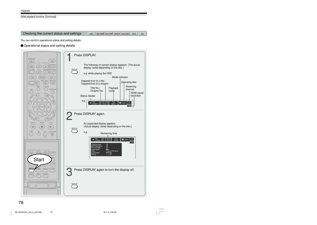 Toshiba RD-XS54SU owner manual Operational status and setting details Press Display 