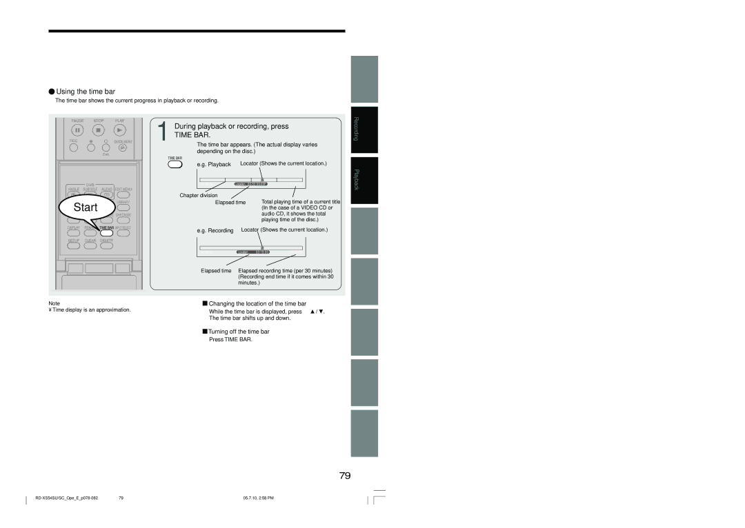 Toshiba RD-XS54SU Using the time bar, During playback or recording, press, Changing the location of the time bar 