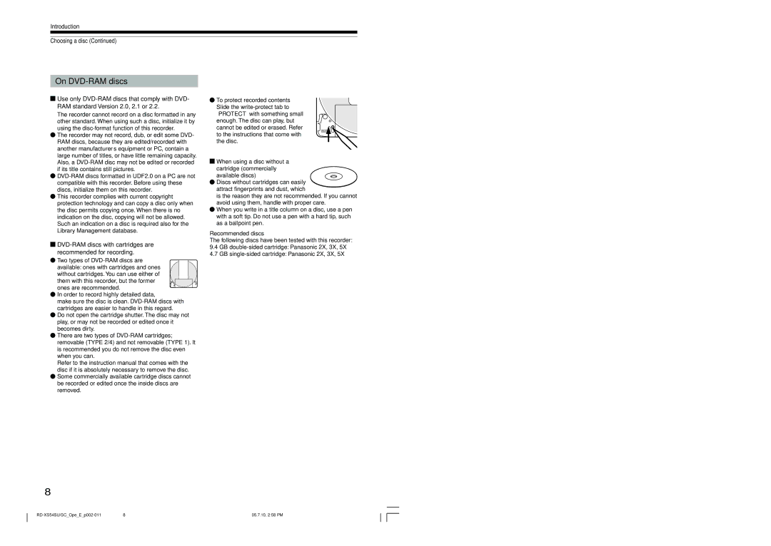 Toshiba RD-XS54SU On DVD-RAM discs, Introduction Choosing a disc, To protect recorded contents, Recommended discs 