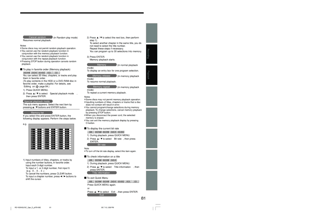 Toshiba RD-XS54SU owner manual To play in favorite order Memory playback, To display the current bit rate 