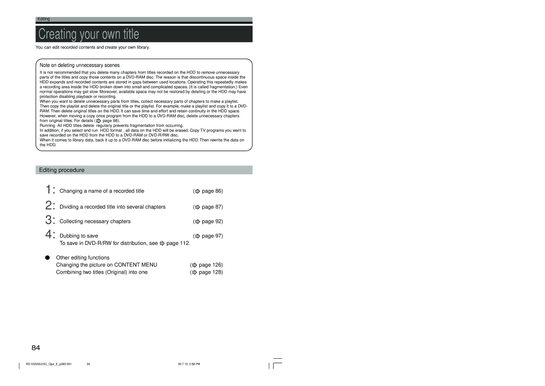 Toshiba RD-XS54SU Creating your own title, Editing procedure, You can edit recorded contents and create your own library 