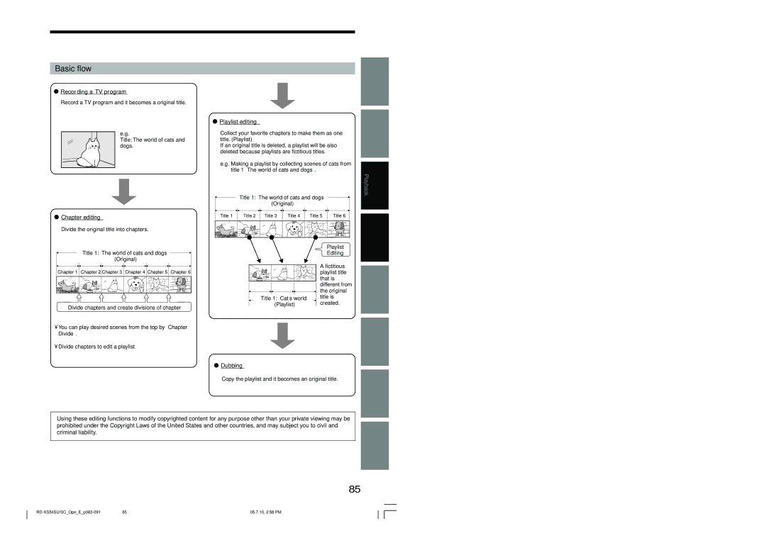 Toshiba RD-XS54SU owner manual Basic flow, Recording a TV program, Playlist editing, Chapter editing, Dubbing 