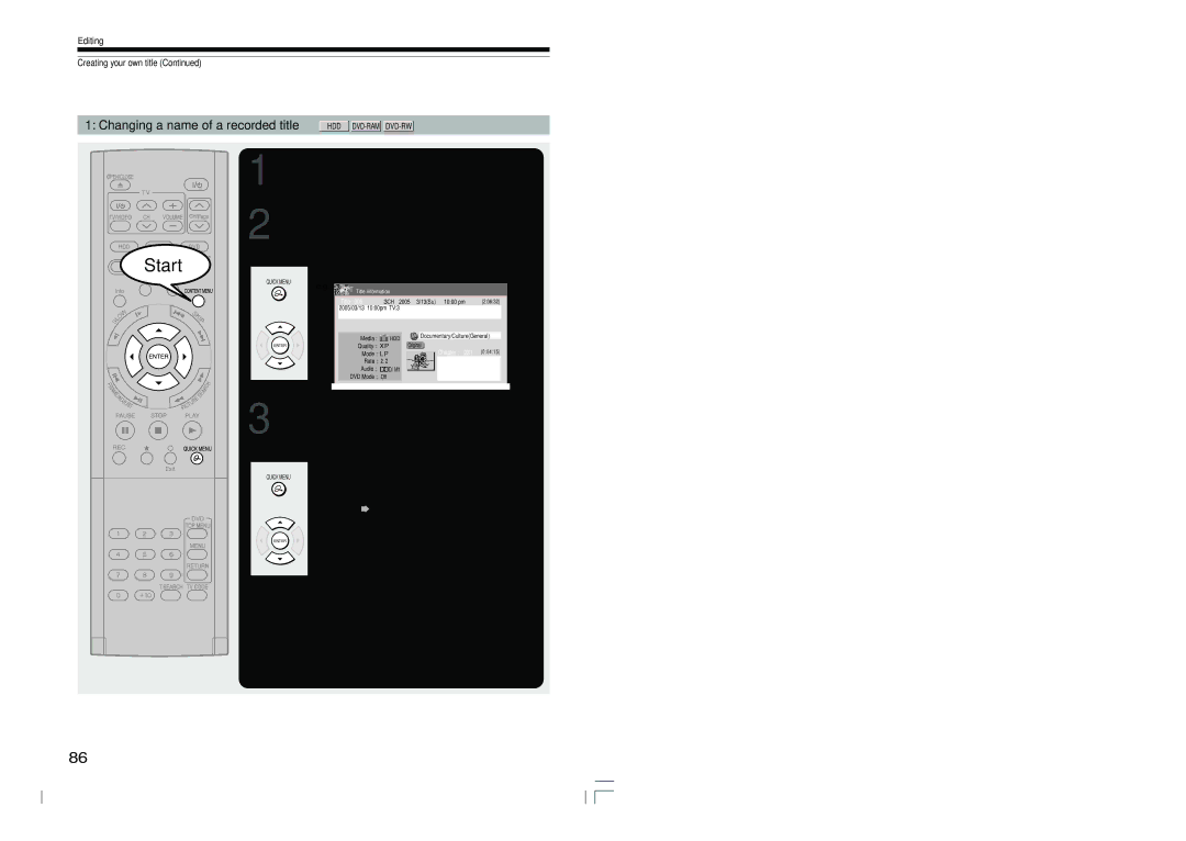 Toshiba RD-XS54SU owner manual Changing a name of a recorded title HDD DVD-RAMDVD-RW, Editing Creating your own title 