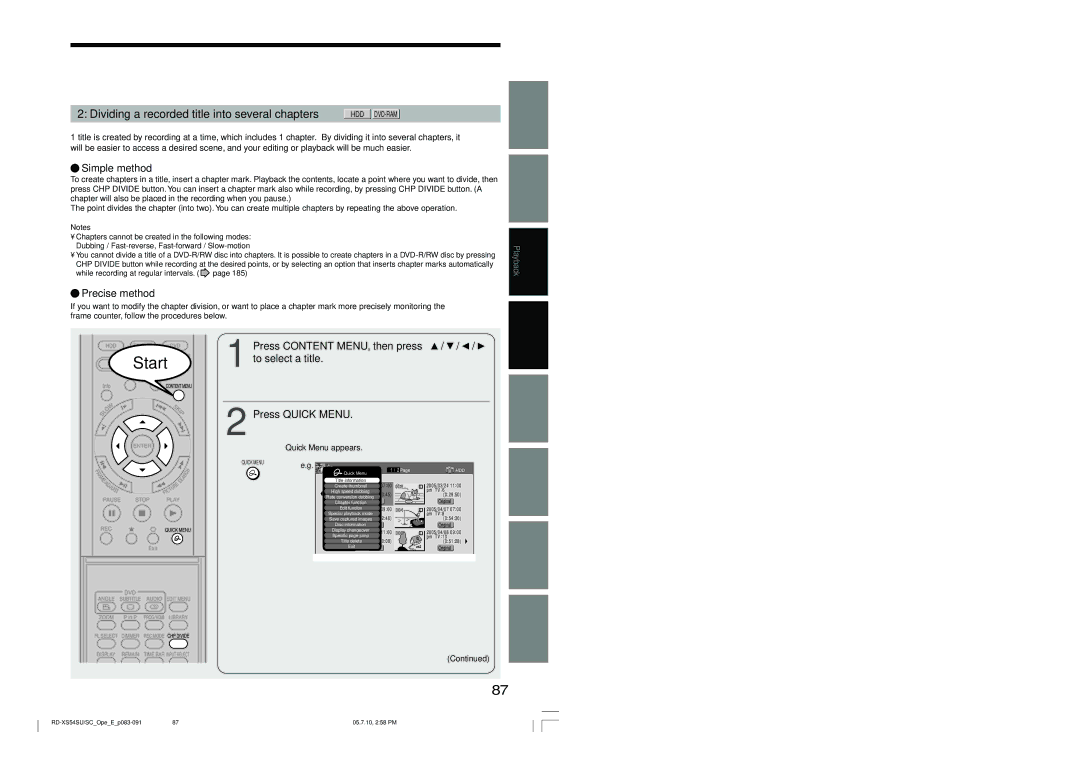 Toshiba RD-XS54SU owner manual Dividing a recorded title into several chapters HDD DVD-RAM, Simple method, Precise method 